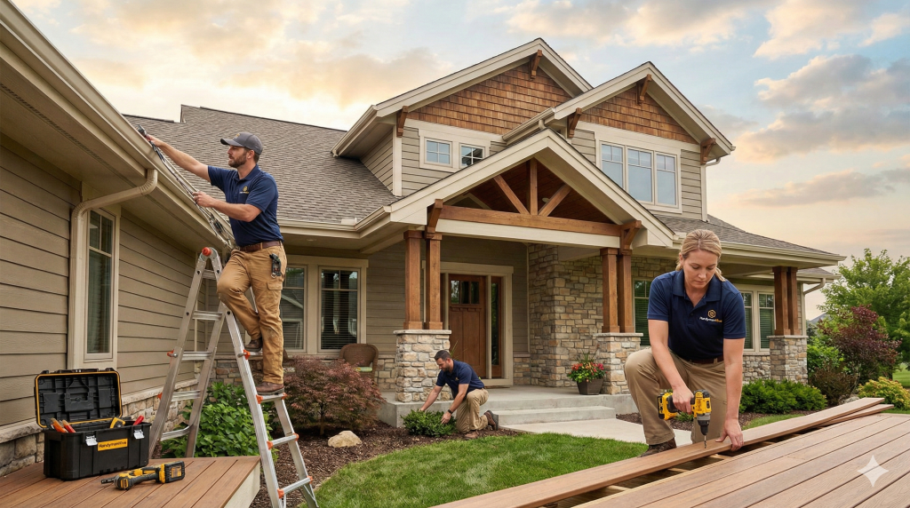 Team of three Handyman Hive Pros, performing exterior home repairs: one cleaning gutters on a ladder, one landscaping near the porch, and a woman installing deck boards with a power drill.